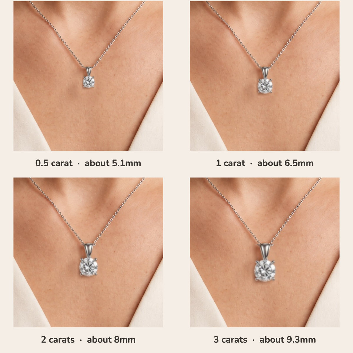 Nina round lab-grown diamond solitaire pendant necklace in white gold – size guide on model (0.5 to 3 carats) | Juvetti