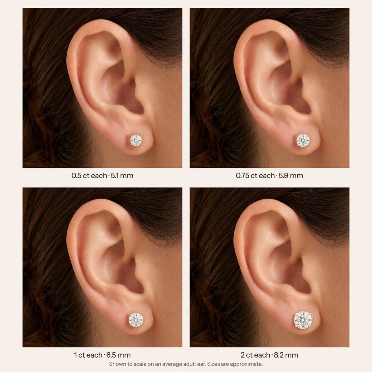Nina round lab-grown diamond solitaire stud earrings in gold – size guide on model, shown to scale (0.5 to 2 ct each) | Juvetti