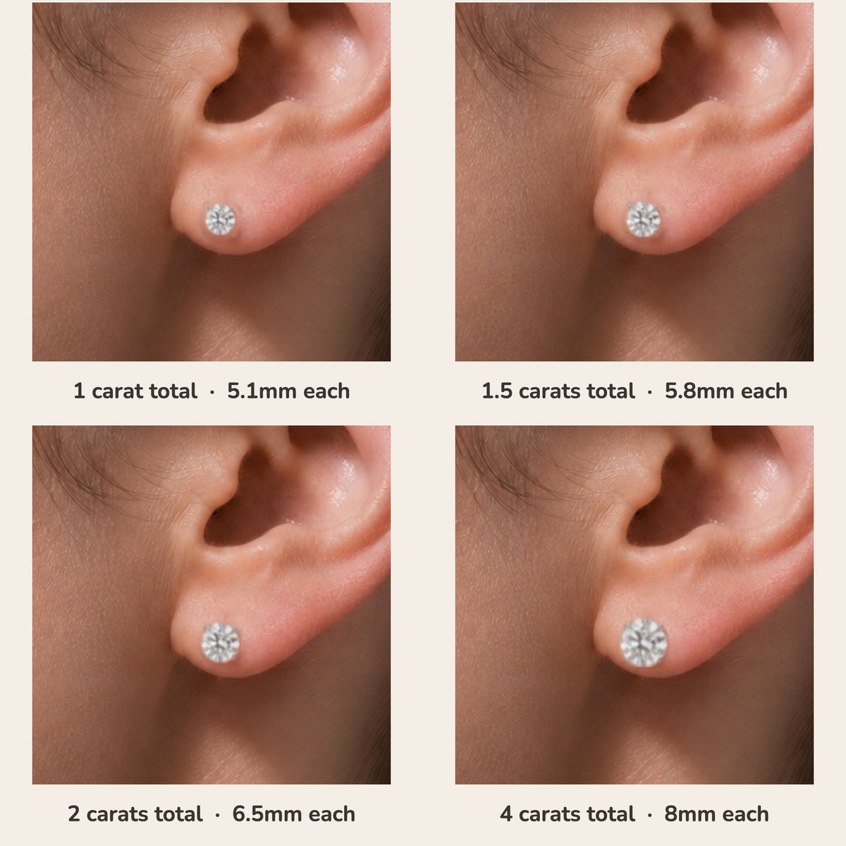 Nina round lab-grown diamond solitaire stud earrings in white gold – size guide on model (1 to 4 carats total) | Juvetti
