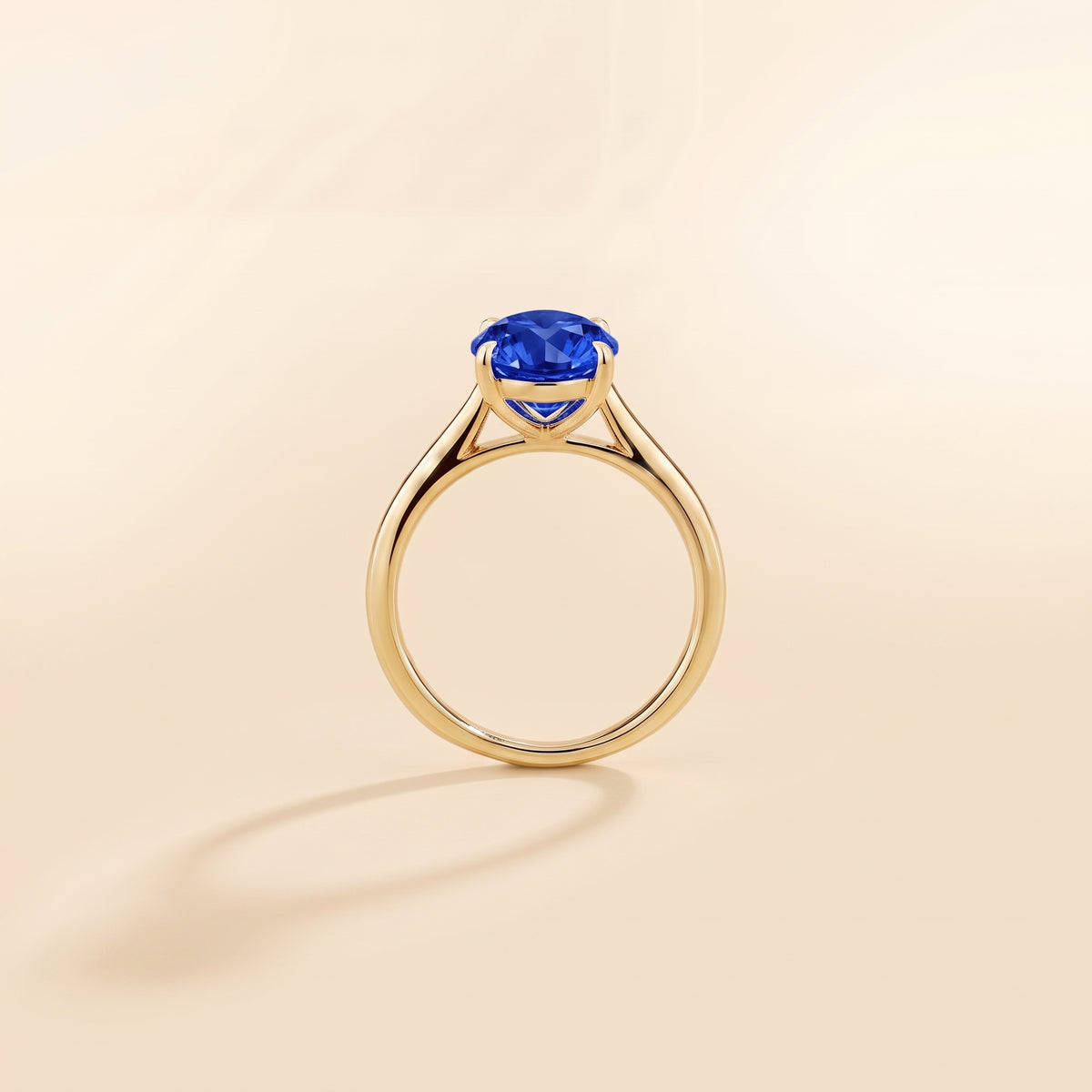Nina Round Shape Blue Sapphire Cathedral Solitaire Ring in Gold, side profile view