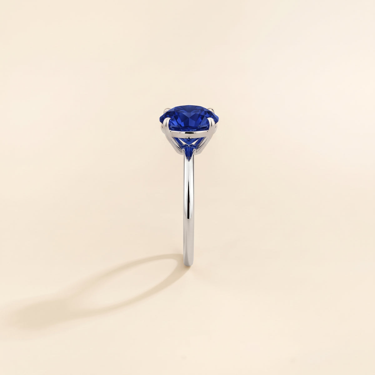 Nina Round Shape Blue Sapphire Cathedral Solitaire Ring in White Gold, side edge view