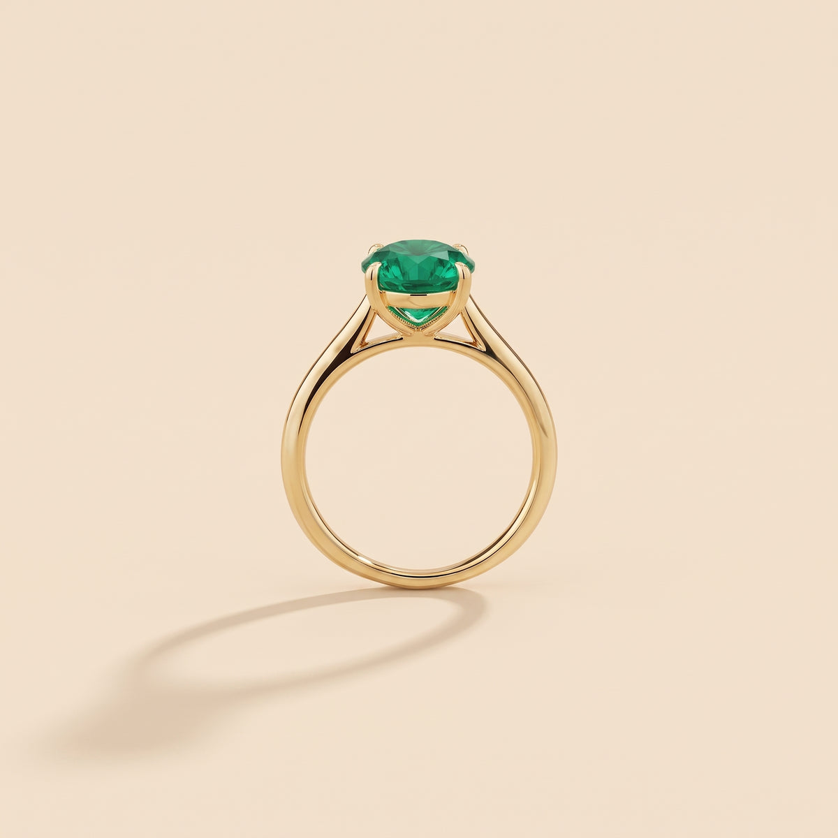 Nina Round Shape Emerald Cathedral Solitaire Ring in Gold, side profile view