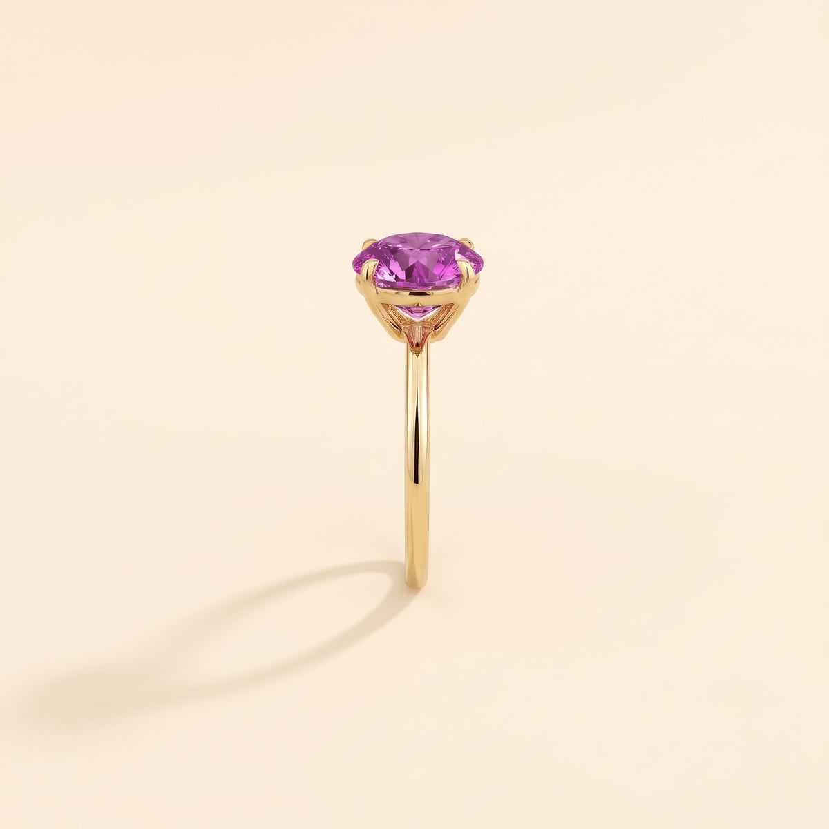 Nina Round Shape Purple Sapphire Cathedral Solitaire Ring in Gold, side edge view