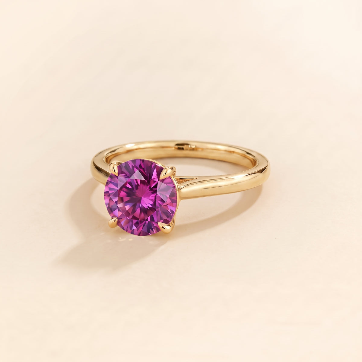 Nina Round Shape Purple Sapphire Cathedral Solitaire Ring in Gold, three-quarter view