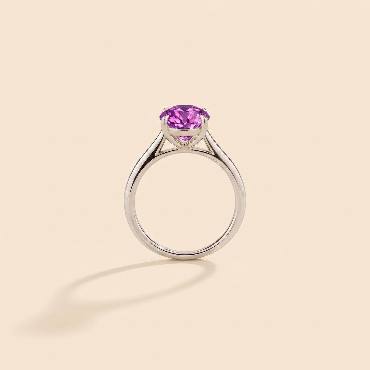 Nina Round Shape Purple Sapphire Cathedral Solitaire Ring in White Gold, side profile view