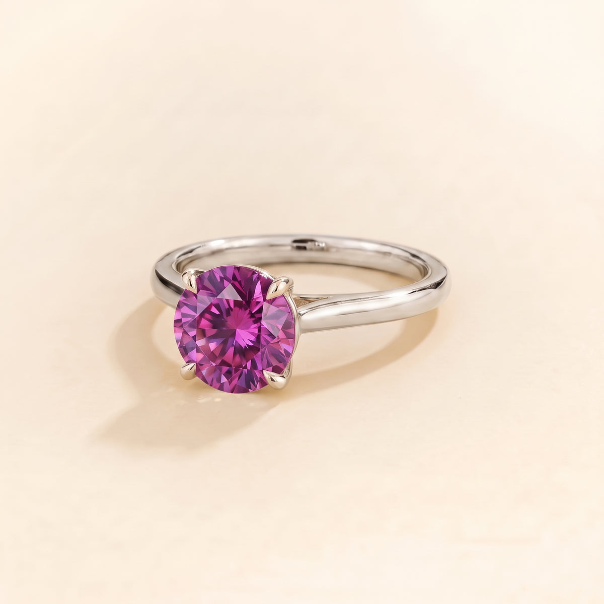 Nina Round Shape Purple Sapphire Cathedral Solitaire Ring in White Gold, three-quarter view