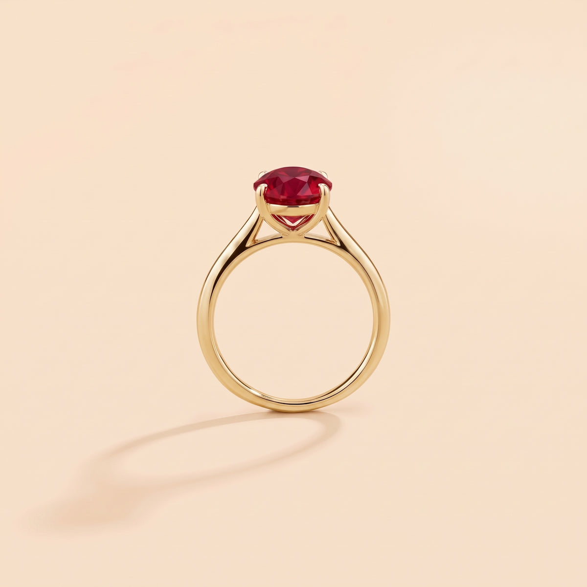 Nina Round Shape Ruby Cathedral Solitaire Ring in Gold, side profile view