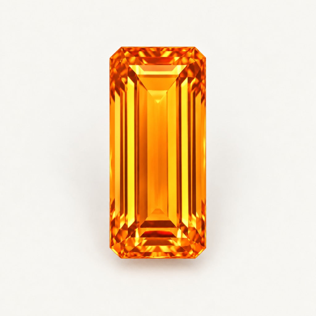 Orange lab-grown sapphire, baguette cut