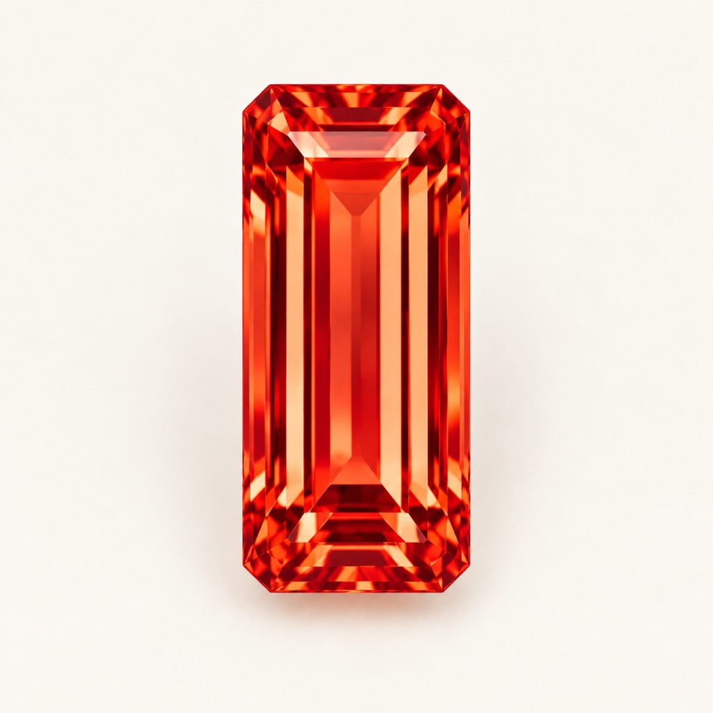 Orange-red lab-grown sapphire, baguette cut