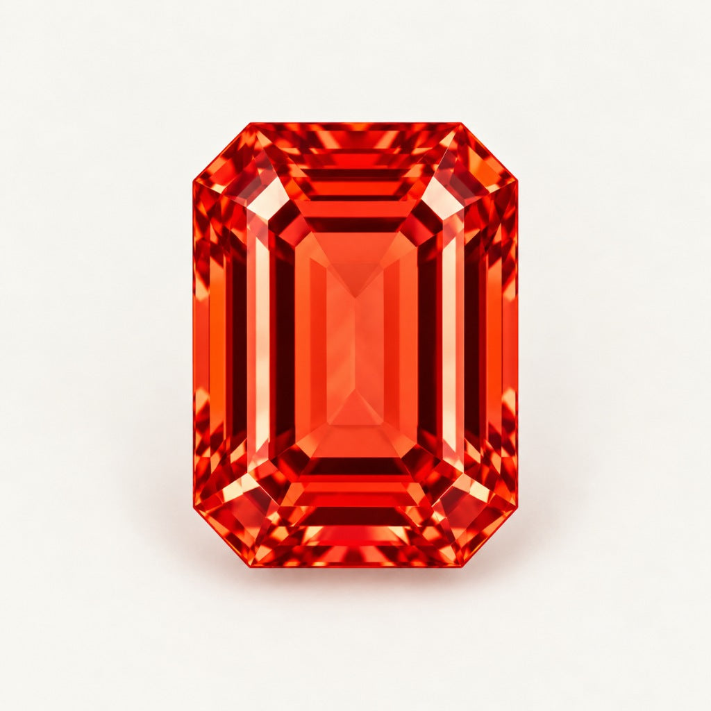 Orange-red lab-grown sapphire, emerald cut