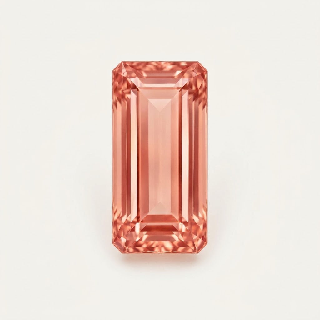 Padparadscha lab-grown sapphire, baguette cut