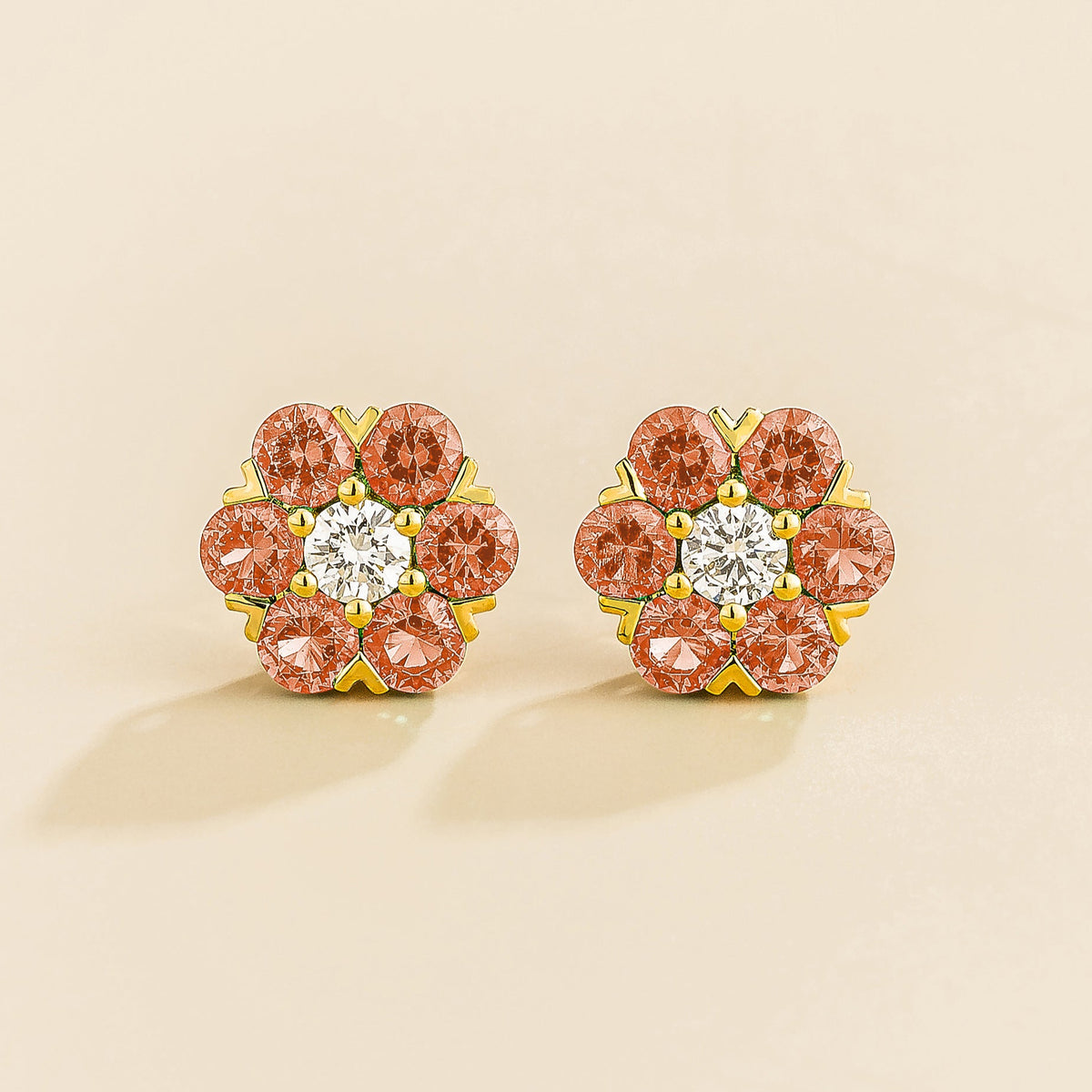 Cinq Padparadscha Sapphire & Diamond Flower Stud Earrings in Gold