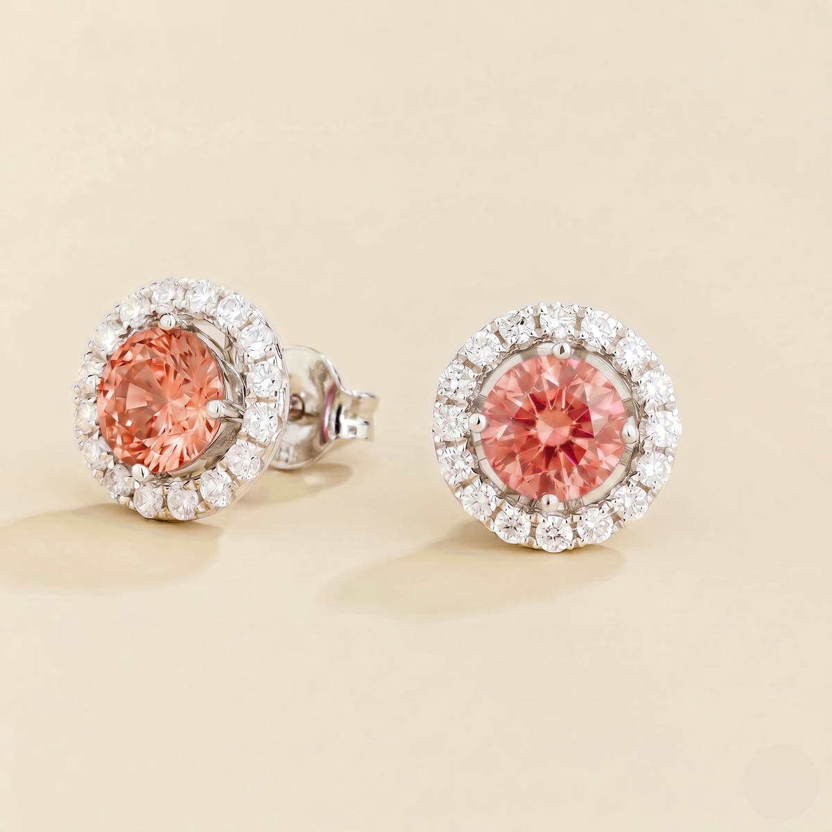 Floret round lab-grown padparadscha sapphire and diamond halo stud earrings in white gold – side | Juvetti London