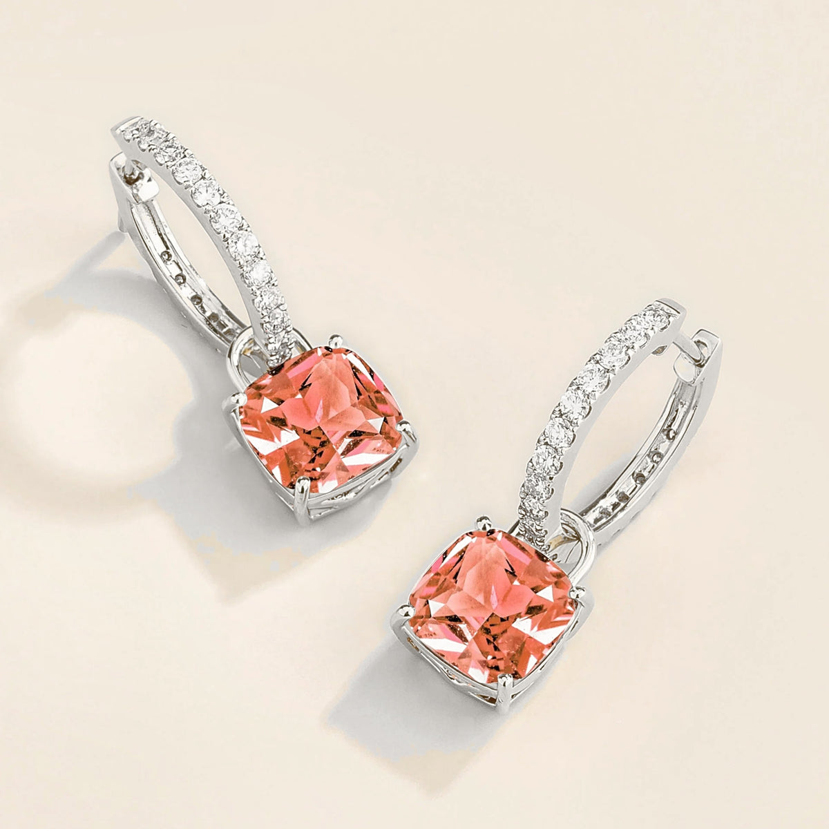 Padparadscha Sapphire Cushion Cut & Diamond Hoop Drop Earrings in White Gold