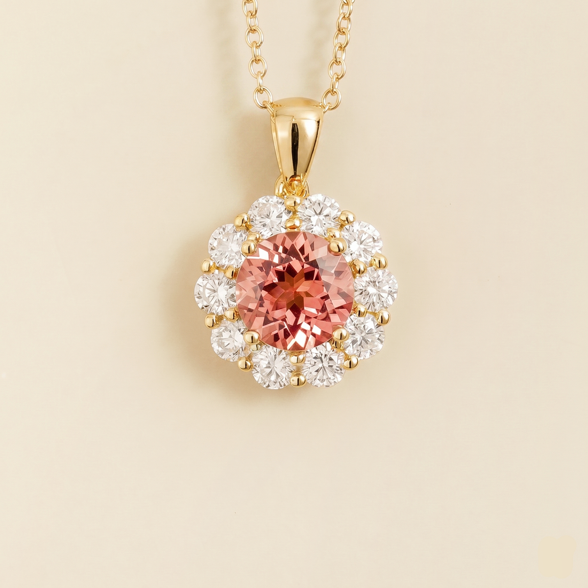 Floret round lab-grown padparadscha sapphire and diamond halo pendant necklace in gold – front | Juvetti London