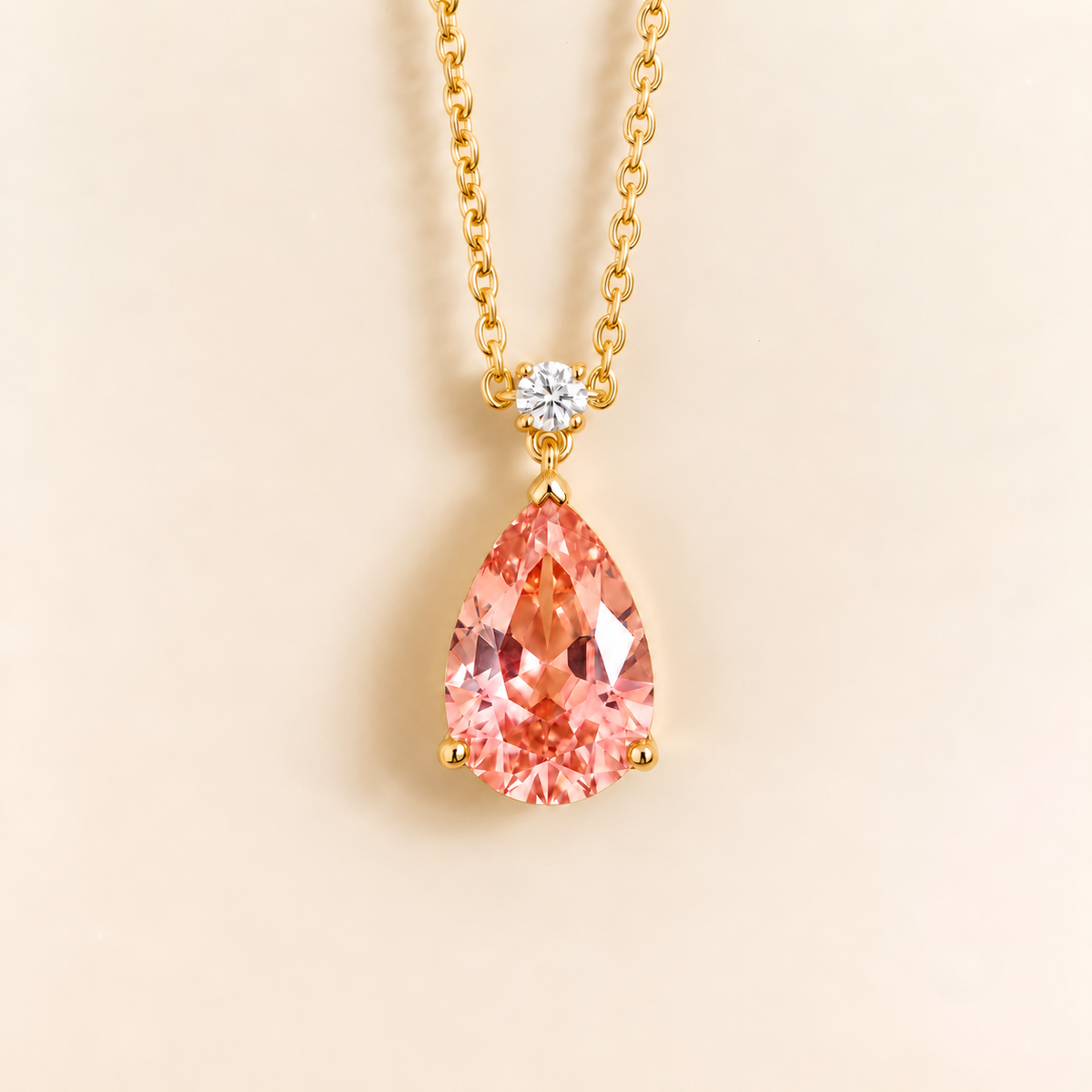 Pisa padparadscha sapphire and diamond large pear drop pendant necklace in gold
