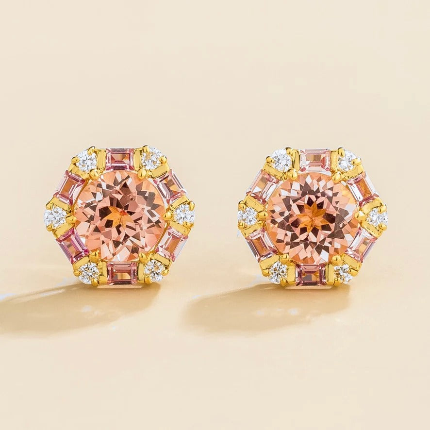 Melba padparadscha sapphire, pink sapphire & diamond halo hexagon stud earrings in gold