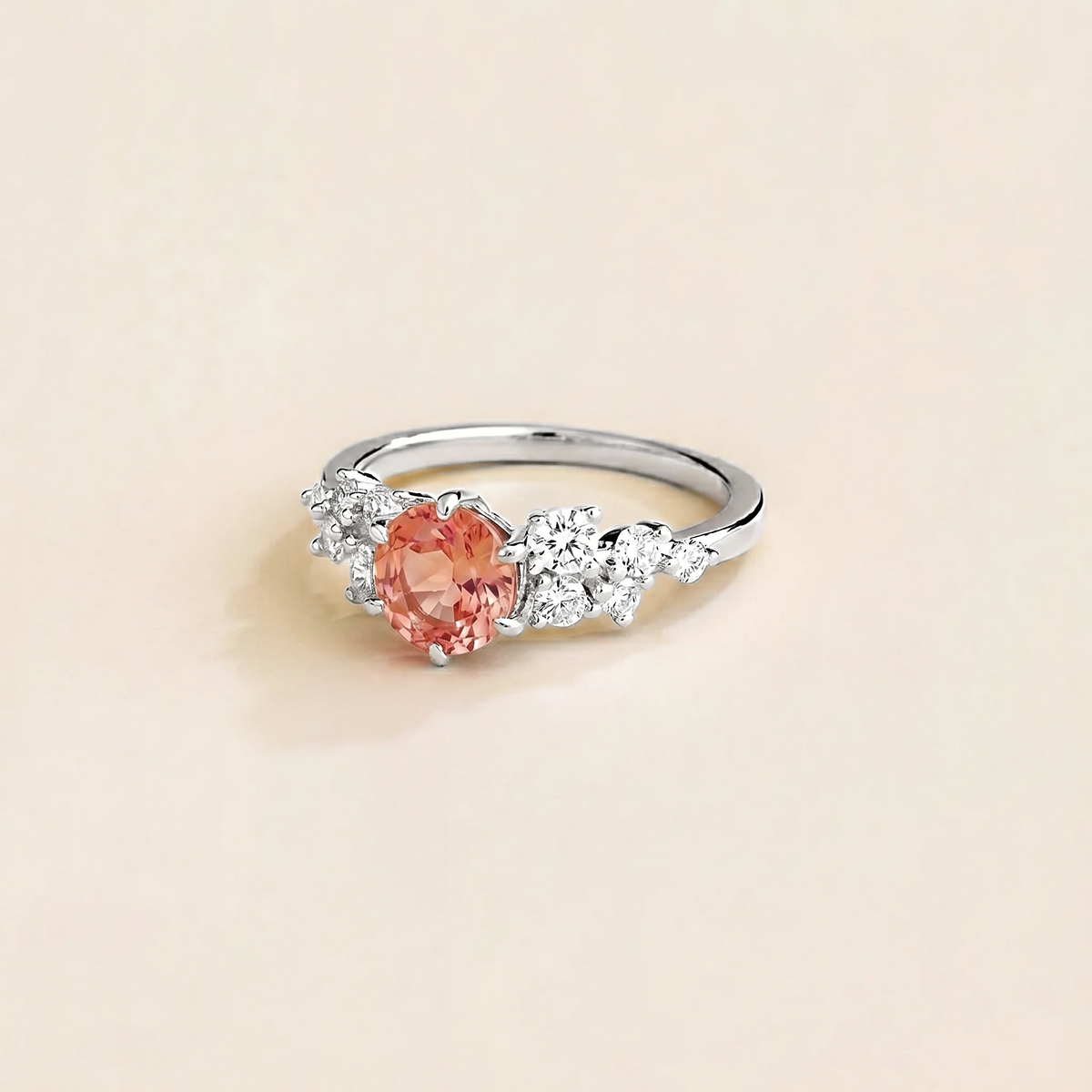 Floret round lab-grown padparadscha sapphire and diamond cluster ring in white gold – side | Juvetti London