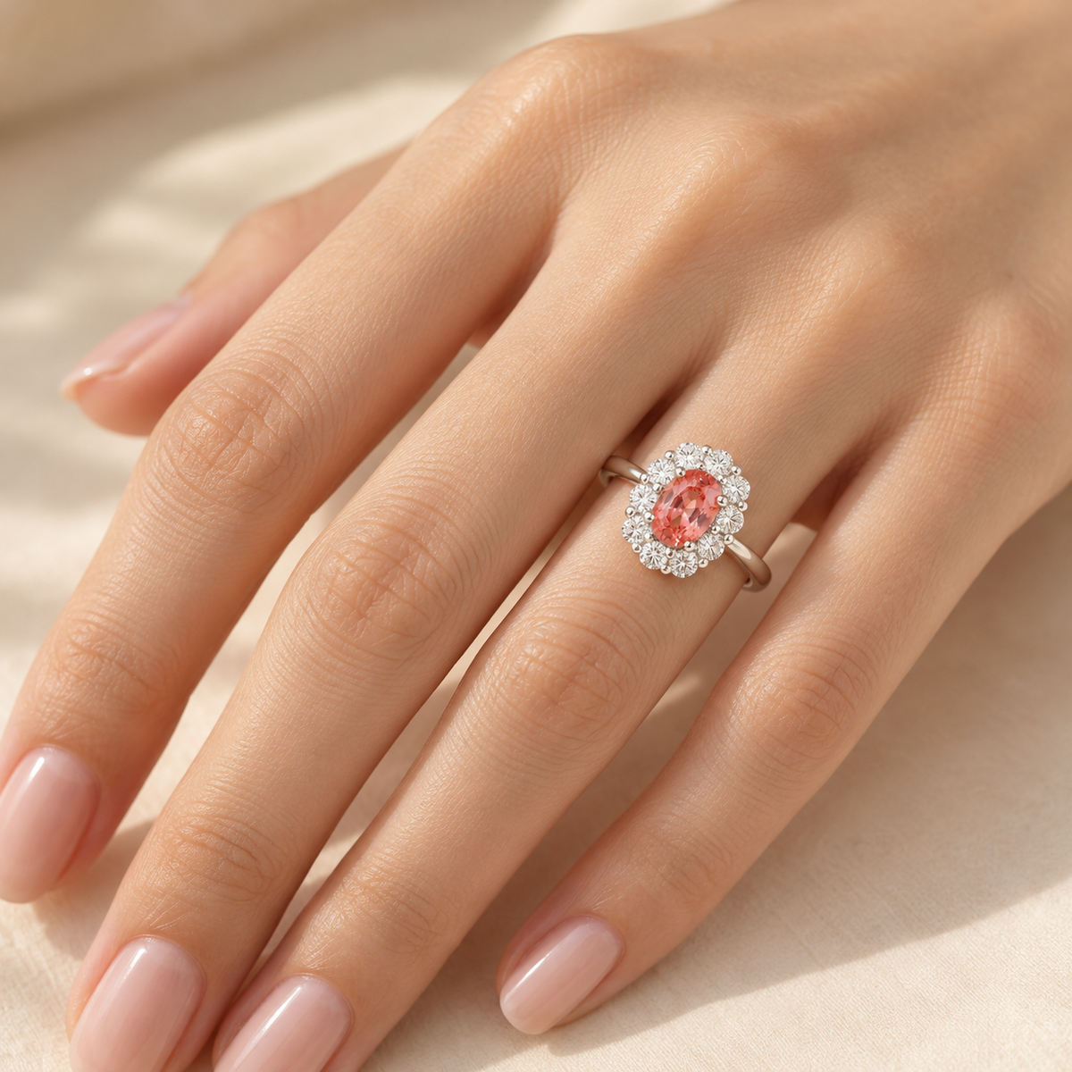 Oval padparadscha sapphire and diamond halo ring in white gold worn on hand | Prill by Juvetti