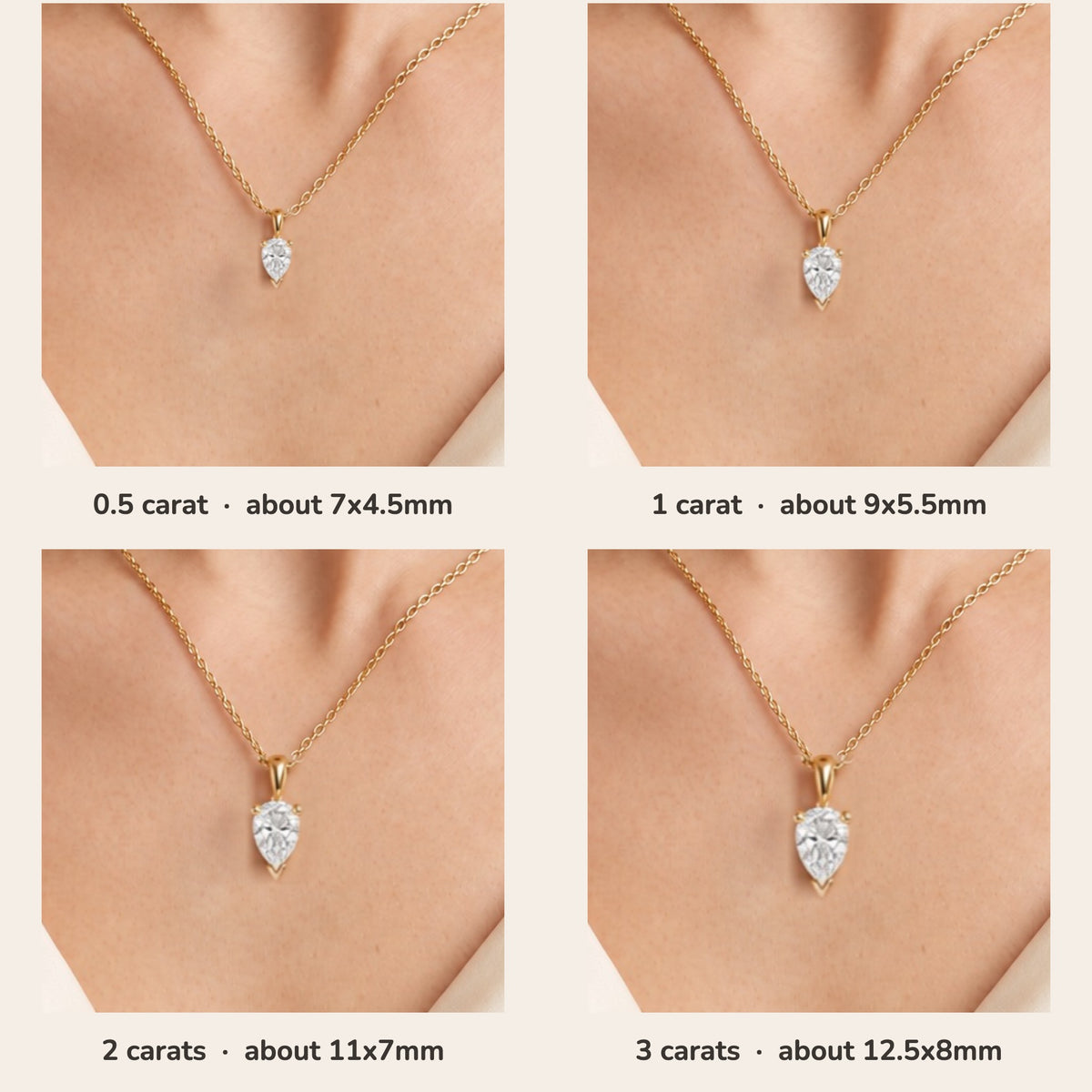Pandal pear lab-grown diamond solitaire pendant necklace in gold – size guide on model (0.5 to 3 carats) | Juvetti