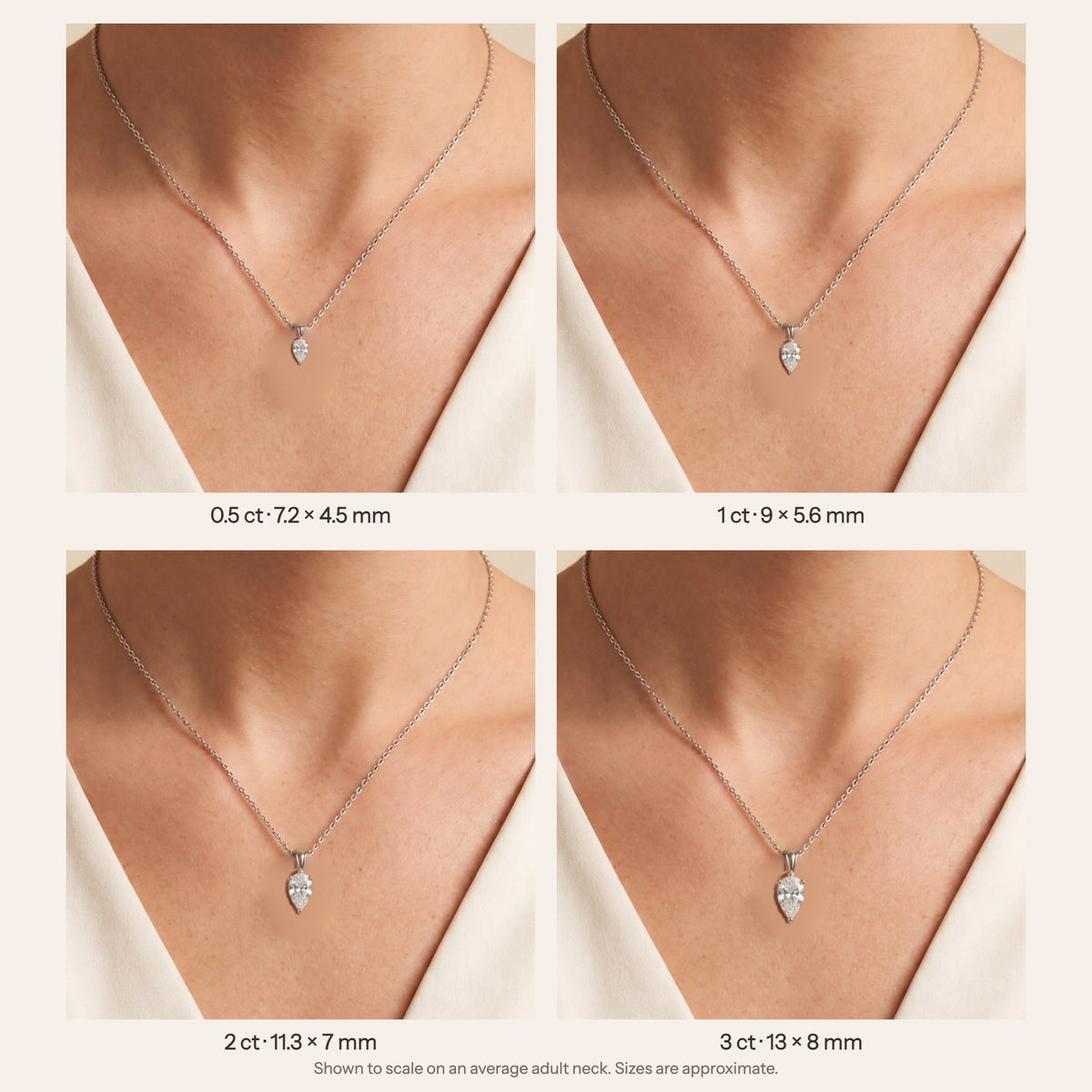 Pandal pear lab-grown diamond solitaire pendant necklace in white gold – size guide on model, shown to scale (0.5 to 3 ct) | Juvetti