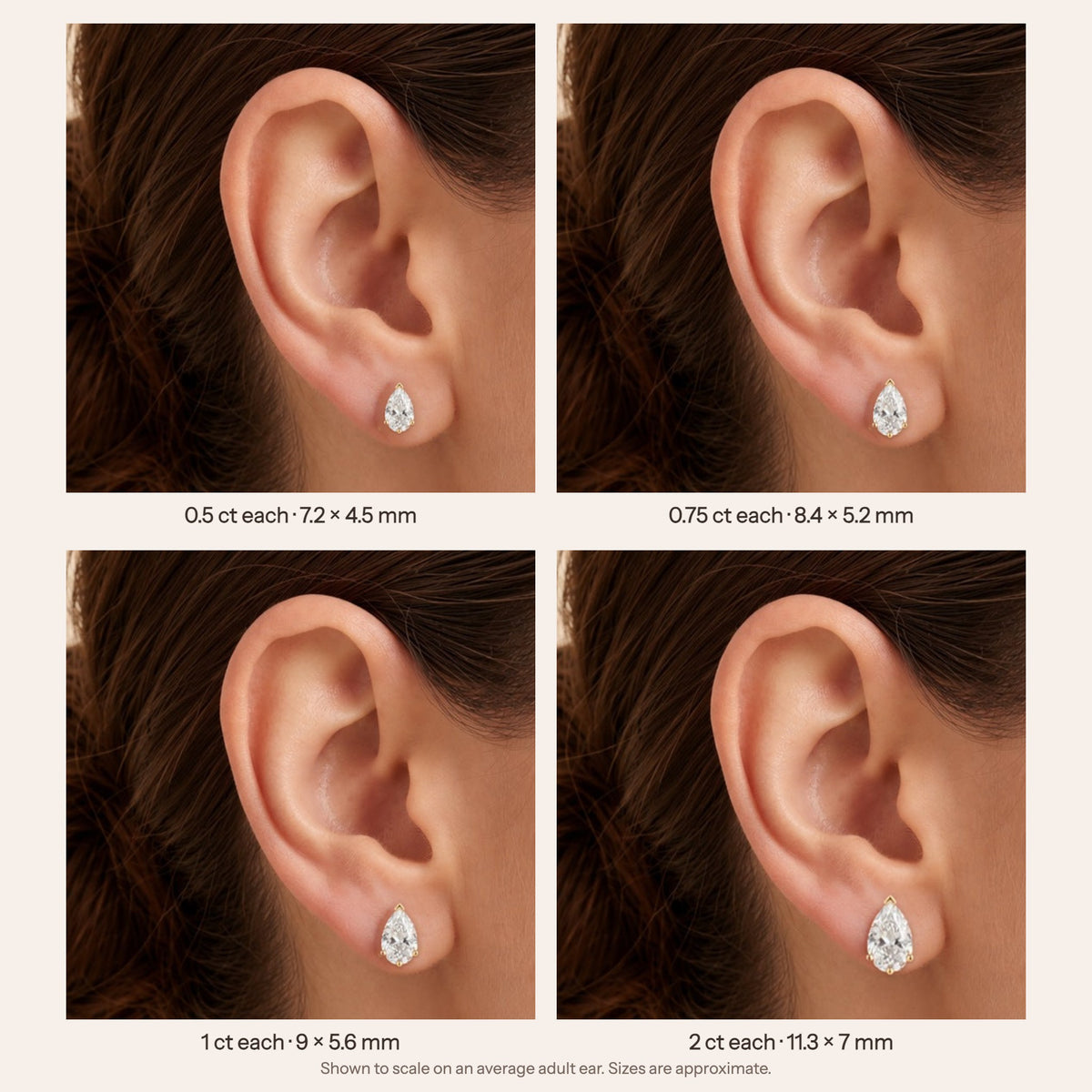 Pandal pear lab-grown diamond solitaire stud earrings in gold – size guide on model, shown to scale (0.5 to 2 ct each) | Juvetti