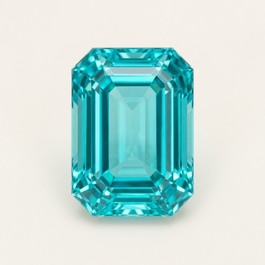 Paraiba-colour lab-grown sapphire, emerald cut