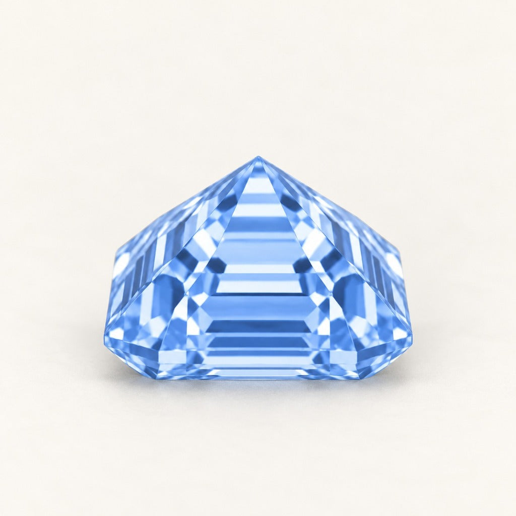 Pastel blue lab-grown sapphire, asscher cut, side view