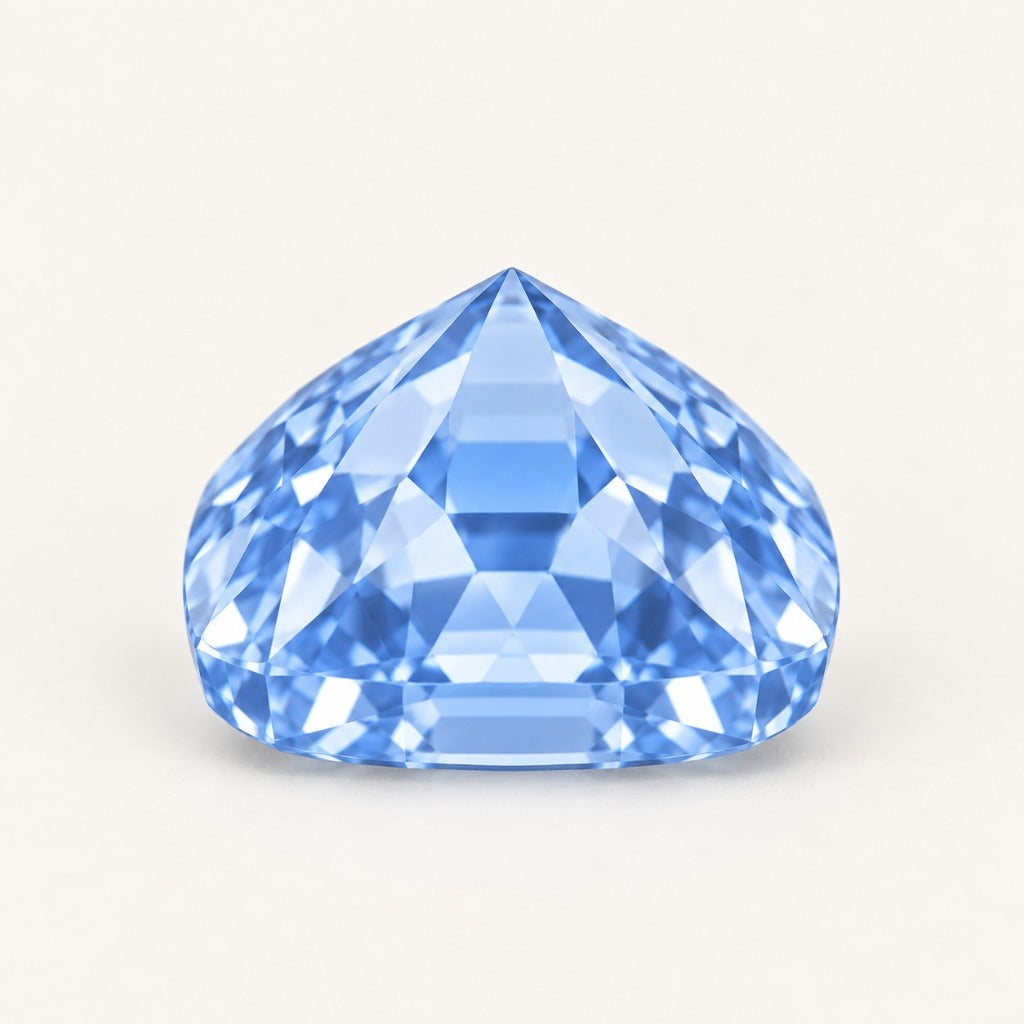 Pastel blue lab-grown sapphire, cushion cut, side view