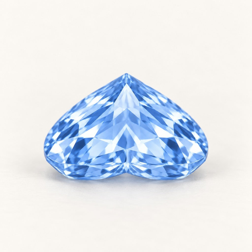 Pastel blue lab-grown sapphire, heart cut, side view