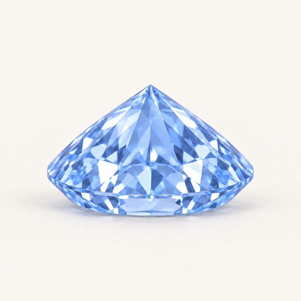 Pastel blue lab-grown sapphire, round cut, side view