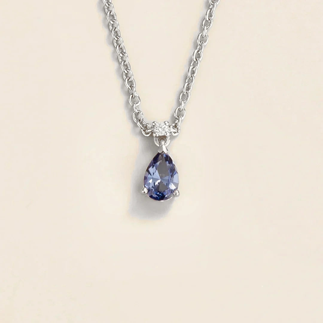 Lab-grown pastel blue sapphire and diamond pear drop pendant necklace in white gold, small – front view | Pisa by Juvetti