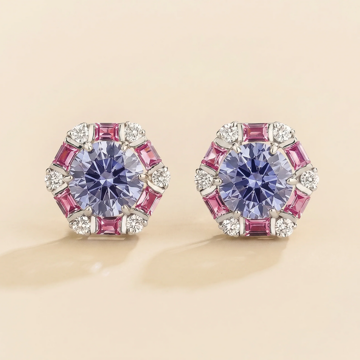 Melba pastel blue sapphire, pink sapphire & diamond halo hexagon stud earrings in white gold