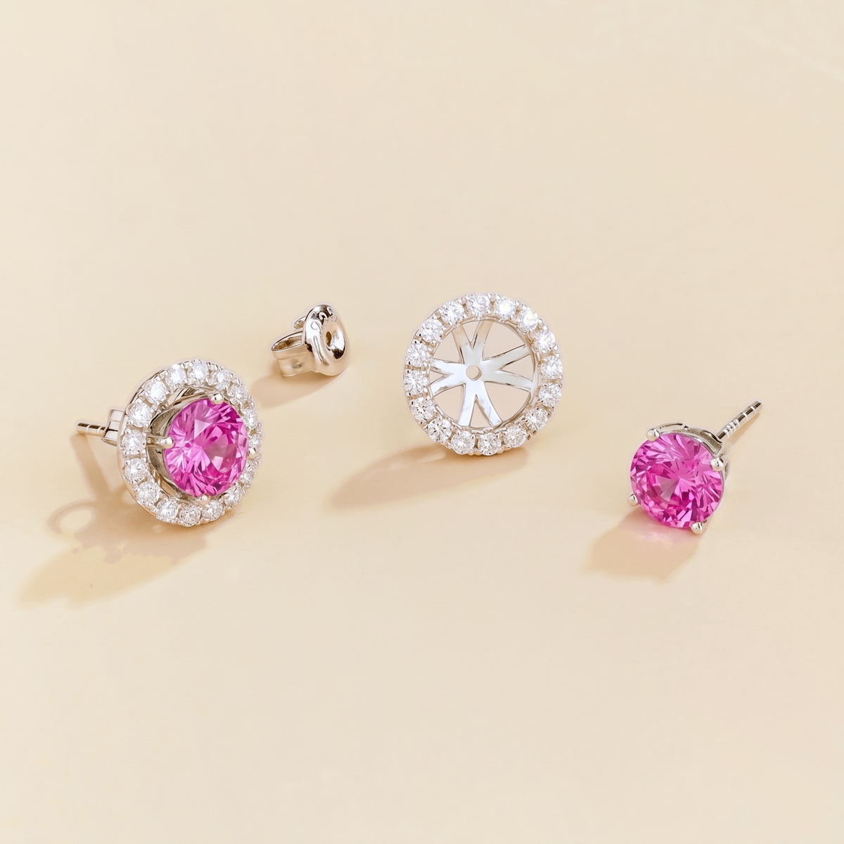 Floret round lab-grown pastel pink sapphire and diamond halo stud earrings in white gold – apart | Juvetti London