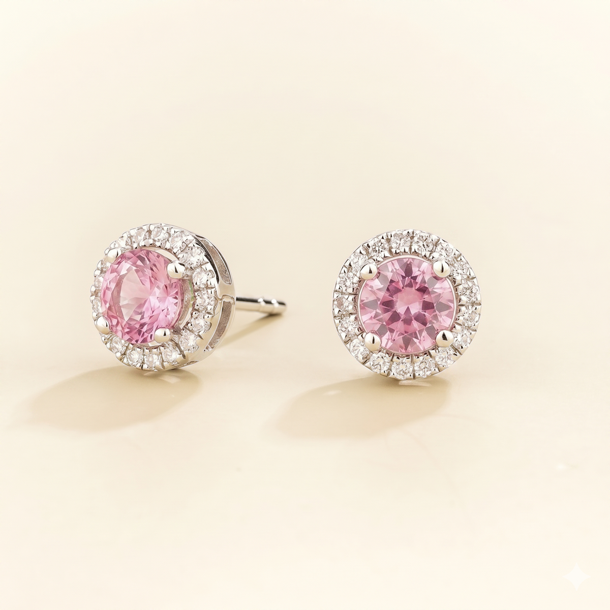Mars Pastel Pink Sapphire Round & Diamond Halo Earrings In White Gold, angle view