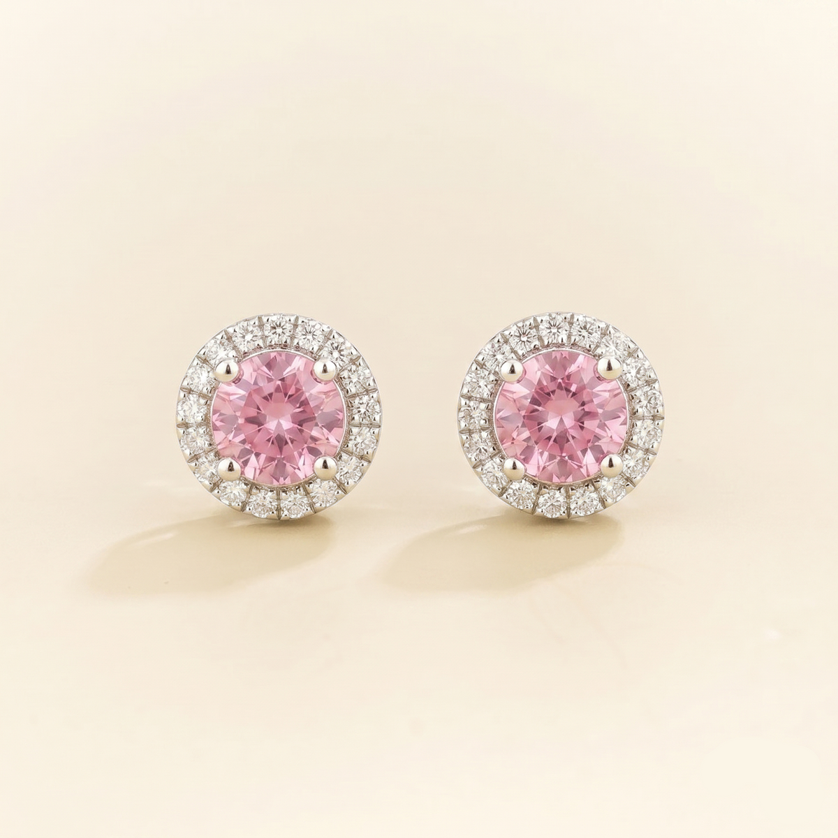 Mars Pastel Pink Sapphire Round & Diamond Halo Earrings In White Gold
