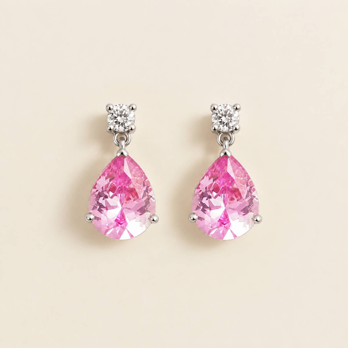 Medium lab-grown pastel pink sapphire and diamond pear drop earrings in white gold – front view | Pisa by Juvetti