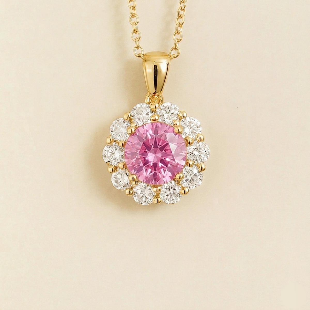 Floret round lab-grown pastel pink sapphire and diamond halo pendant necklace in gold – front | Juvetti London