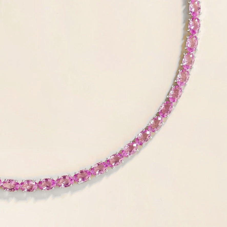 Salto Pastel Pink Sapphire Oval Tennis Necklace in White Gold