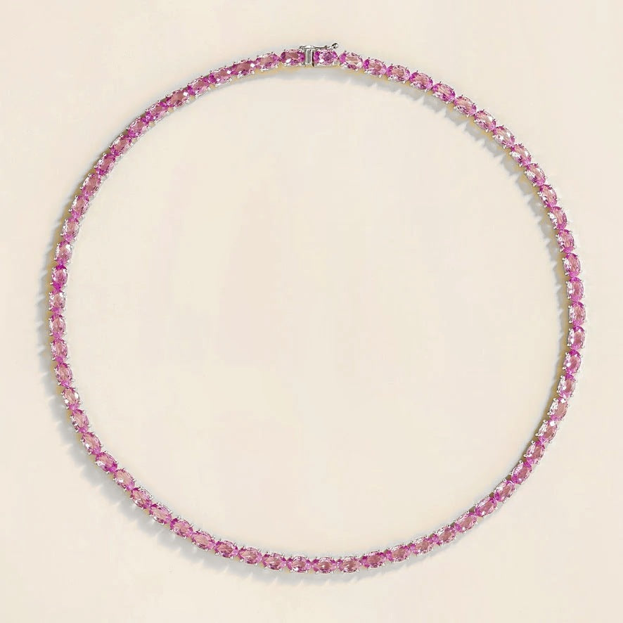 Salto pastel pink sapphire oval tennis necklace in white gold