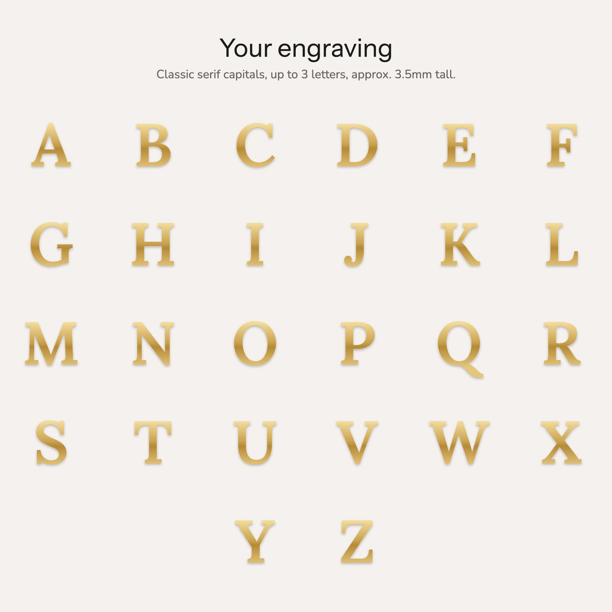 Engraving guide: A to Z classic serif capitals, up to 3 letters, approx. 3.5mm tall