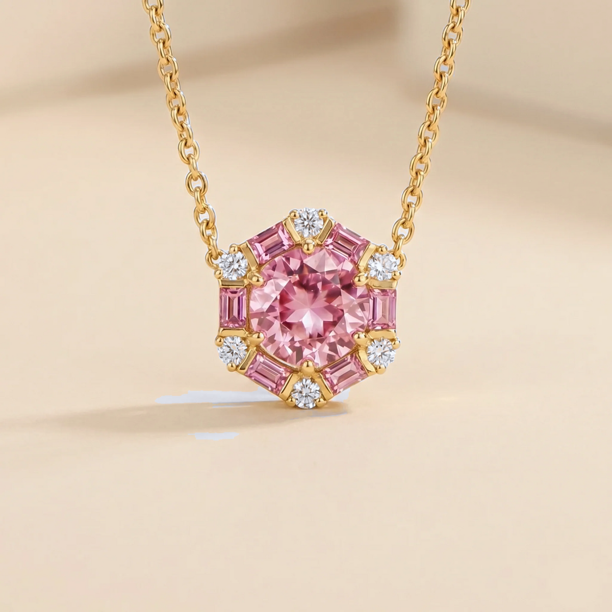 Melba Pink Sapphire & Diamond Halo Pendant Necklace in Gold | Juvetti