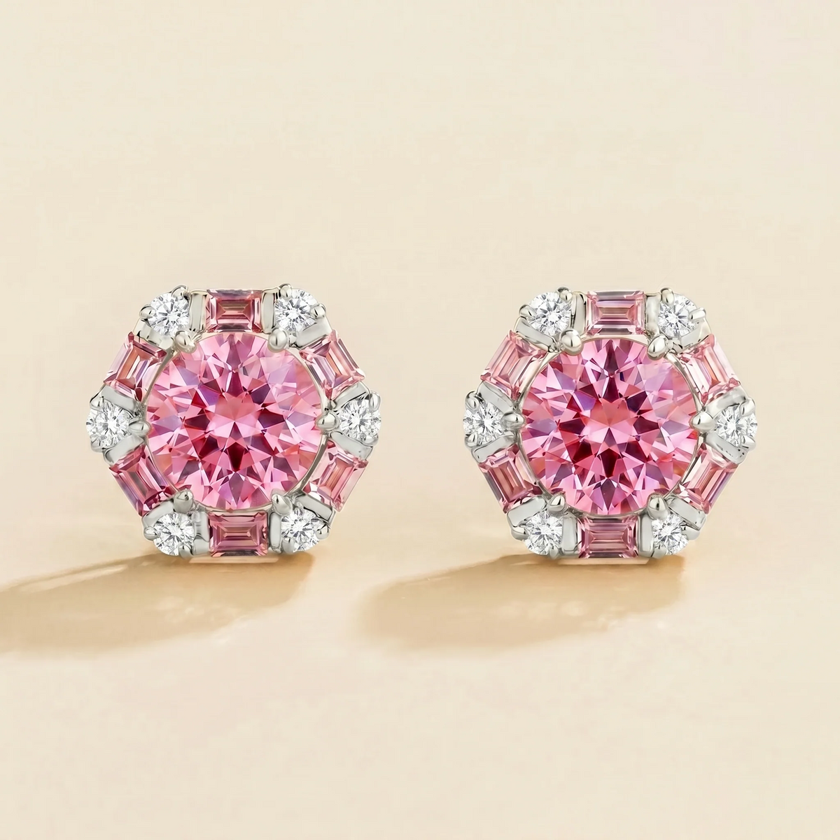 Hexagon halo lab-grown pink sapphire and diamond stud earrings, Melba design in white gold | Juvetti London