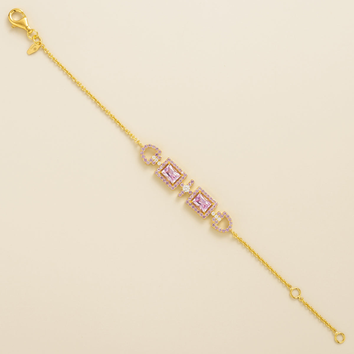 Ciceris pink sapphire Art Deco halo bracelet in gold, two emerald-cut lab-grown sapphires with diamonds, full length | Juvetti London