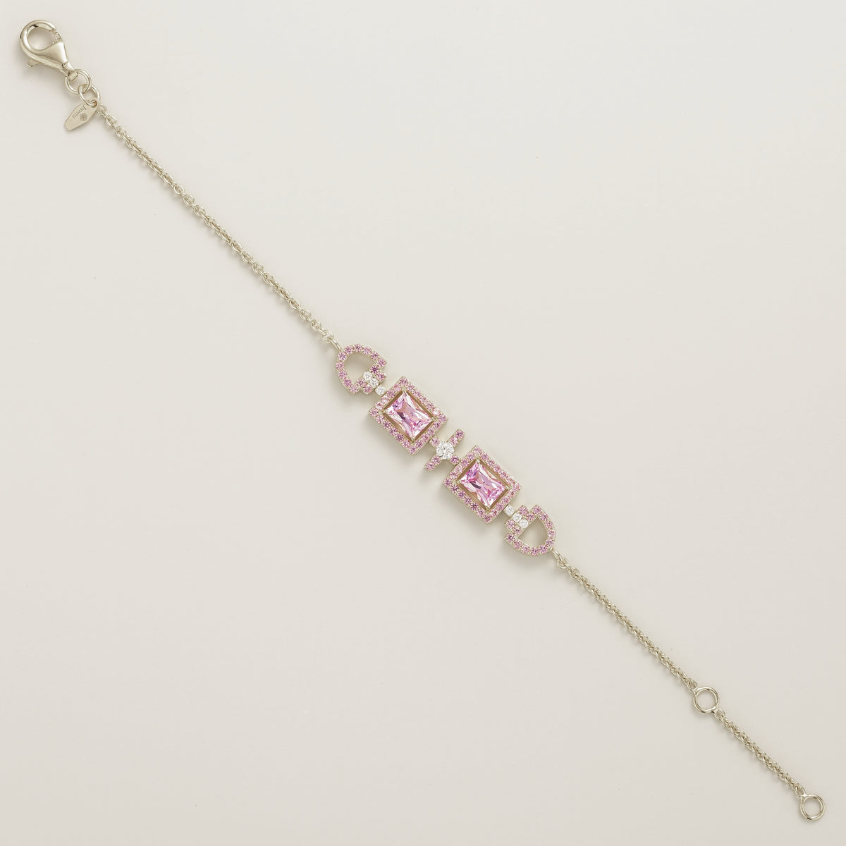 Ciceris pink sapphire Art Deco halo bracelet in white gold, two emerald-cut lab-grown sapphires with diamonds, full length | Juvetti London