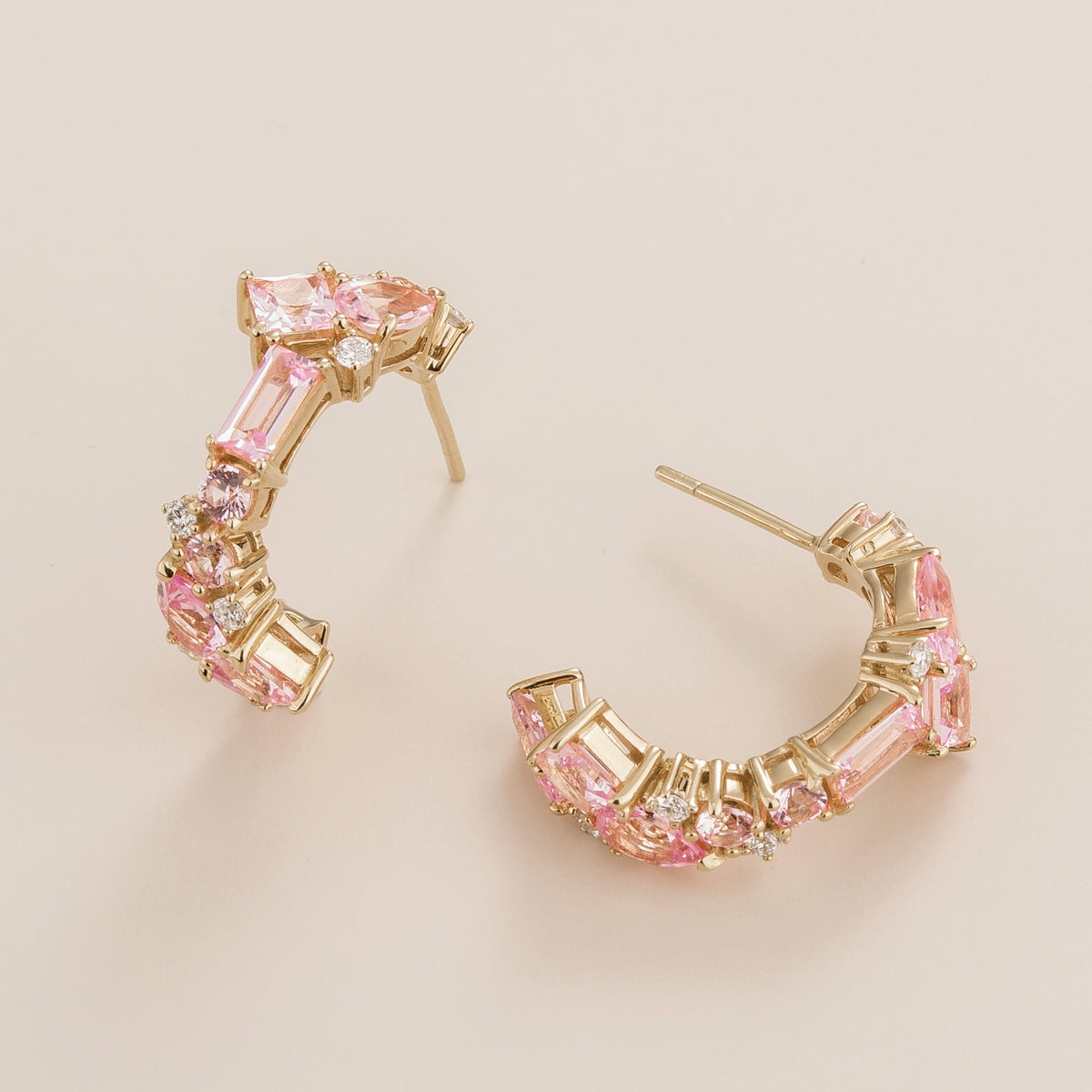 Lanna Pink Sapphire & Diamond Mixed-Cut Hoop Earrings in White Gold - Medium