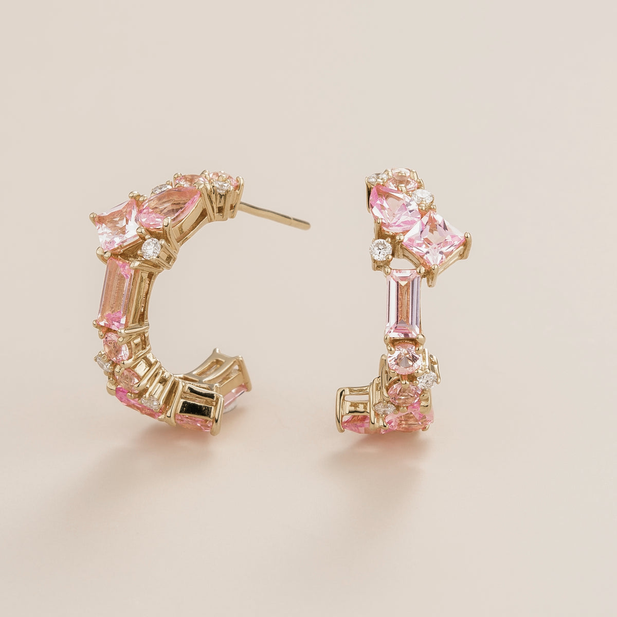 Mixed-cut lab-grown pink sapphire and diamond hoop earrings, Lanna medium design in white gold | Juvetti London