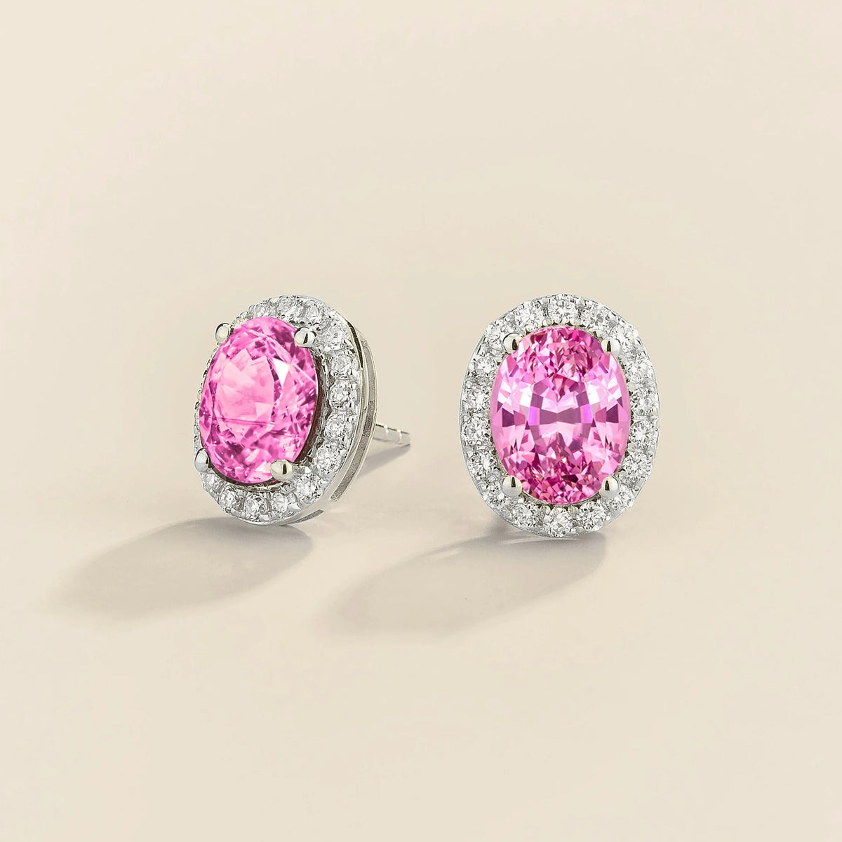 Lab-grown pink sapphire and diamond oval halo stud earrings in white gold – side view | Mina by Juvetti