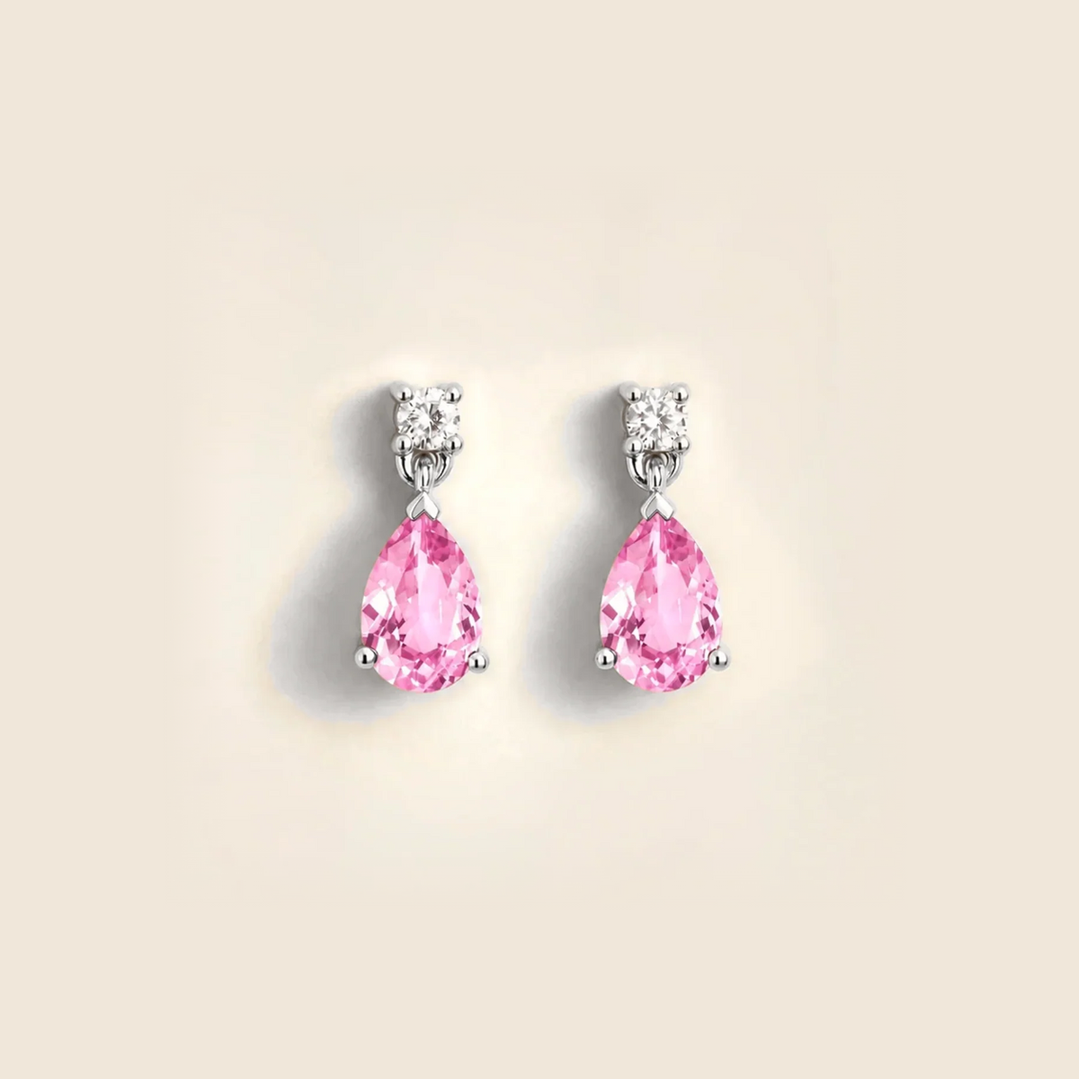 Lab-grown pink sapphire and diamond pear drop earrings in white gold – front view | Pisa by Juvetti
