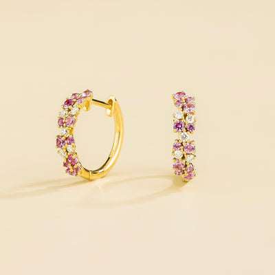 Starry Pink Sapphire & Diamond Cluster Huggie Hoop Earrings in Gold